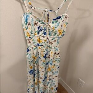 Lulu's Floral Midi Dress - Blue, Yellow, Brown